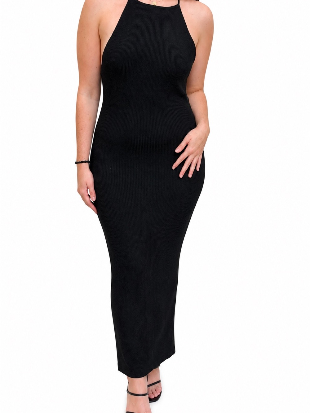 🖤 Sexy Black Dress Long Ribbed Body Open Back Criss Cross L